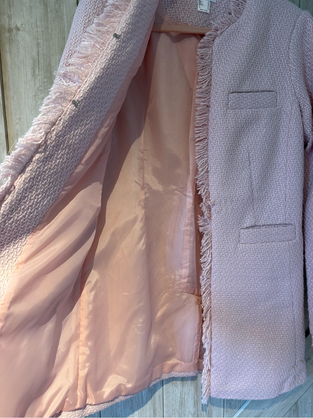 VENUS Blush Pink Tweed Fringe-Trim Long Blazer Perfect for Fall - Picture 8 of 11